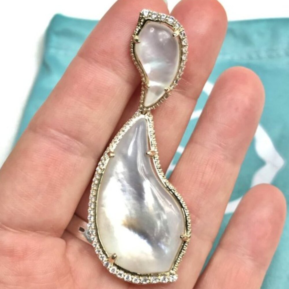 New 14K Gold Mother-of-Pearl CZ Teddi XL Earrings - Picture 5 of 7